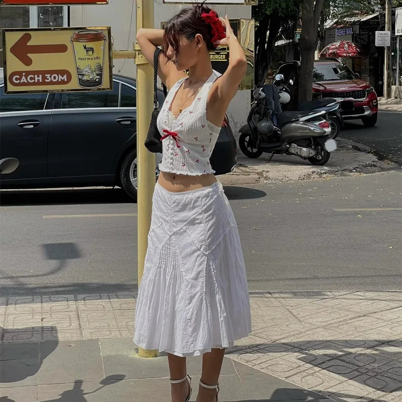 Pydshop Floral Knit Halter White Crop Top