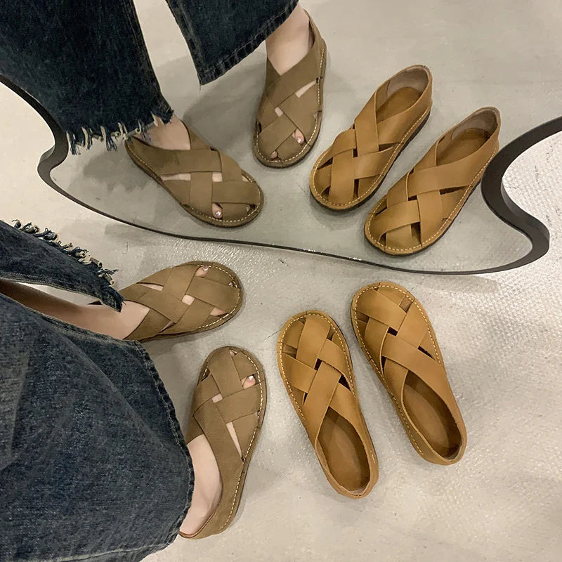 Pydshop 2024 Hot SummerNew Women's Outdoor Indoor Sandals Top Layer Cowhide Handmade Woven Women Casual Flat Bottomed Beach Woman Shoes