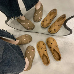 Pydshop 2024 Hot SummerNew Women's Outdoor Indoor Sandals Top Layer Cowhide Handmade Woven Women Casual Flat Bottomed Beach Woman Shoes
