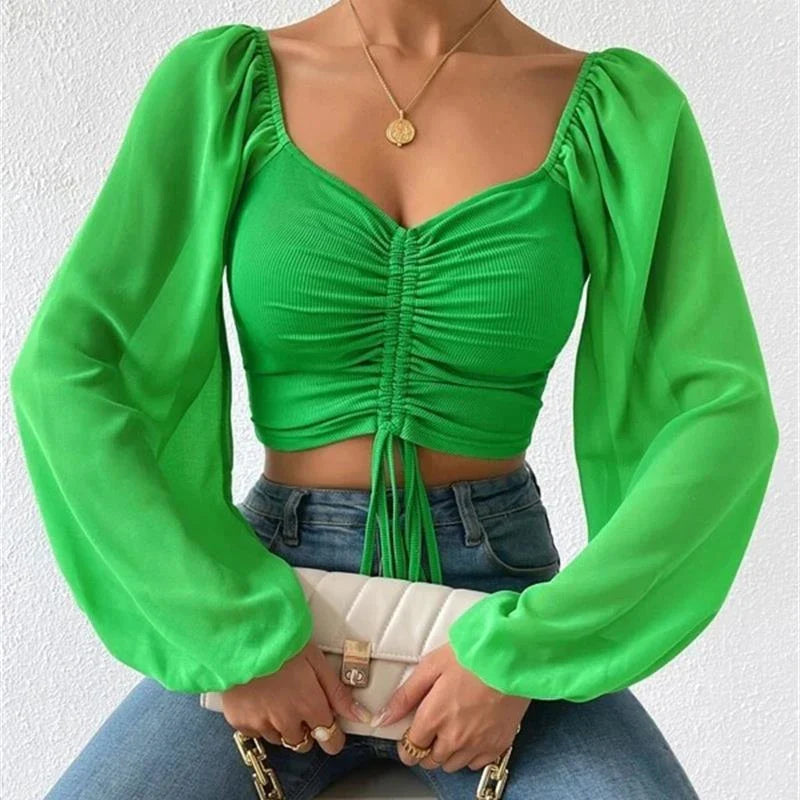 Pydshop Horetong Women's Sexy V-neck Off-Shoulder Blouses Summer Drawstring Bandage Long Sleeve Tops Ladies Korean Fashion Short Clothes