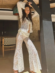 Pydshop Women's Lace Long Pant Sets Sexy See Through Slim Cardigan Top High Waist Trousers Female Fashion Matching Sets Autumn
