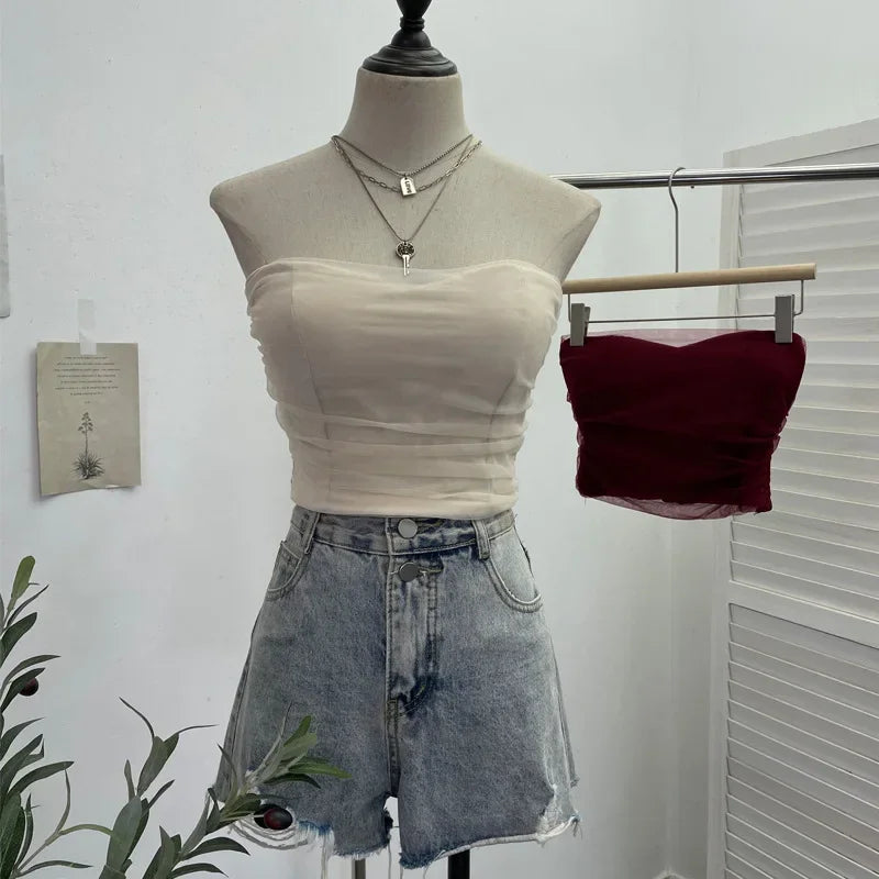Pydshop Ladies Sexy Thai Hot Girl Mesh Splicing Chest Wrap Sleeveless Top Short Navel Baring Slim Tube Top With Breast Pads 8865 Outfits