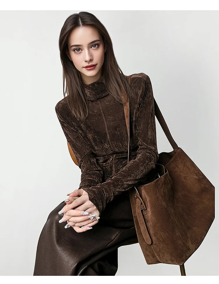 Pydshop Front Side-slit Solid Color Soft Long Sleeve Top