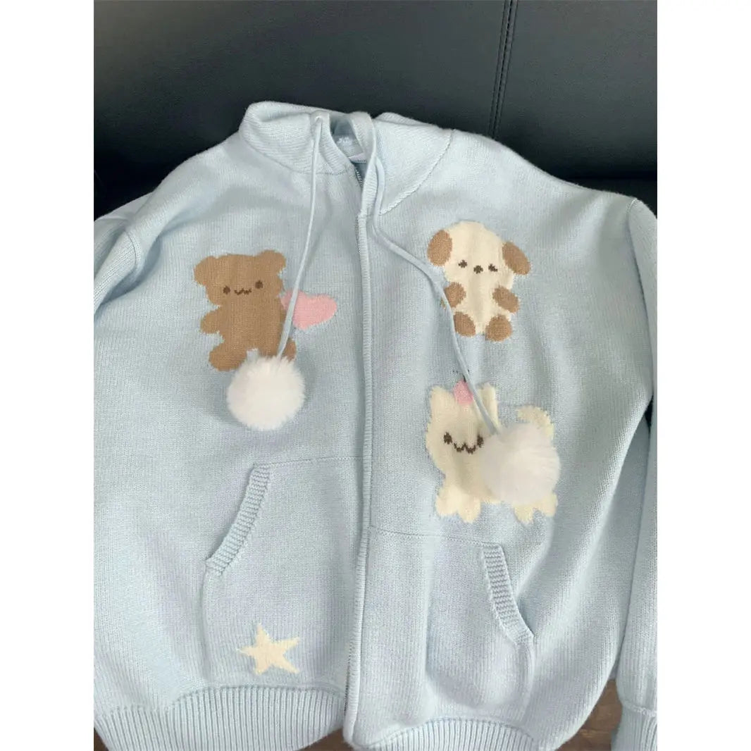 Pydshop  -  Jacquard Hooded Sweater Versatile Knitted Sweater Kawaii Cardigan Women Korean Fashion Long Sleeve Tops Y2k Clothes