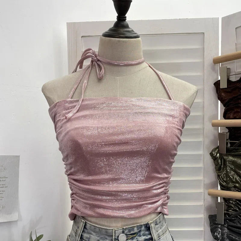Pydshop Women's Sexy Pleated Halter Neck Gilt Sleeveless Short Camisole Y2K Tube Top Casual PartyClub Streetwear Essential Outfits 1368