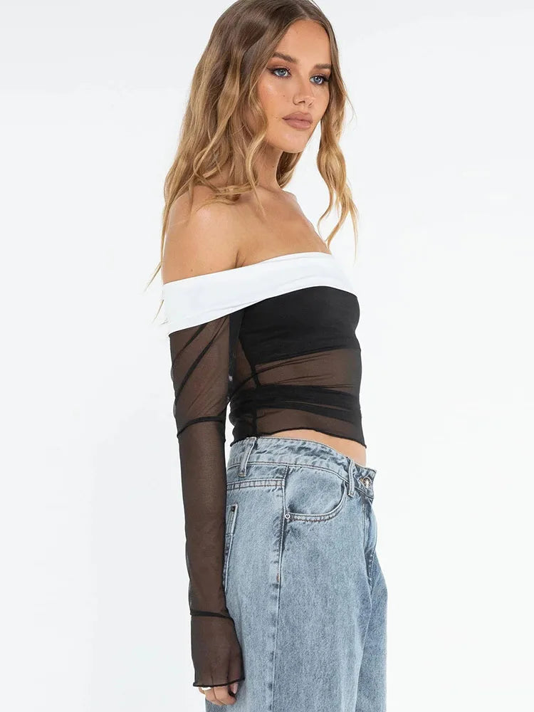 Pydshop Lace Splice Low Neck Off The Shoulders Sheer Top