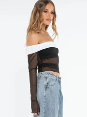 Pydshop Lace Splice Low Neck Off The Shoulders Sheer Top