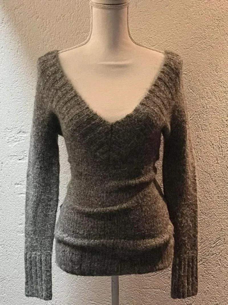 Pydshop Mode Vintage V-ausschnitt Strick Tops Frauen 2024 Frühen Herbst Neue Pullover Mujer Y2k Grunge Slim Fit Langarm Pullovers142411