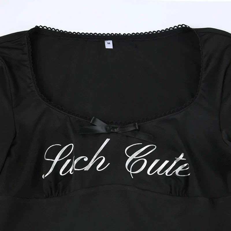 Pydshop 2024 Fashion Woman tops y2k style Black Bow Lace Trim Letter Printed Top
