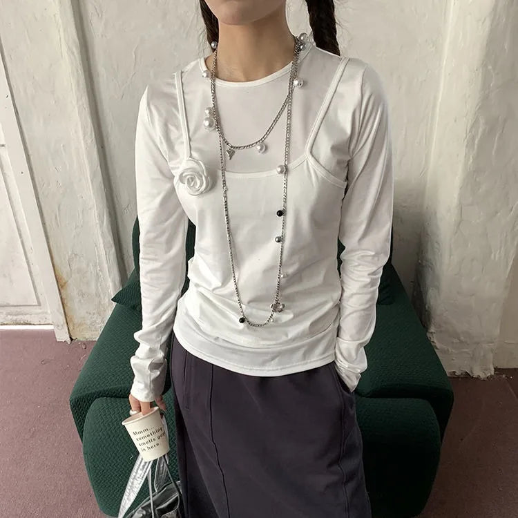Pydshop Fashion Simple Fake Two Piece T-shirts Vintage Sweet Rose O-neck White Tops Women Y2k Grunge Slim Fit Long Sleeve Tee Shirt