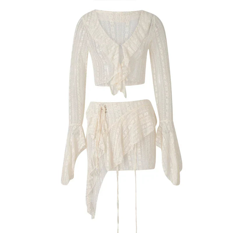 Pydshop Fairy Coquette Women Y2K Outfits Floral Lace Sheer 2 Piece Set Ruffles V Neck Flare Sleeve Crop Tops + Irregular Hem Mini Skirt