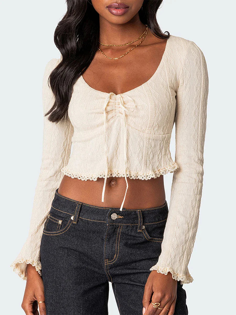 Pydshop Chic Jacquard Vintage Crop Top Autumn Long Sleeve Tee Shirts Female V Neck Tie UP Bow T shirts Y2K Lace Hem Shirts Clothing