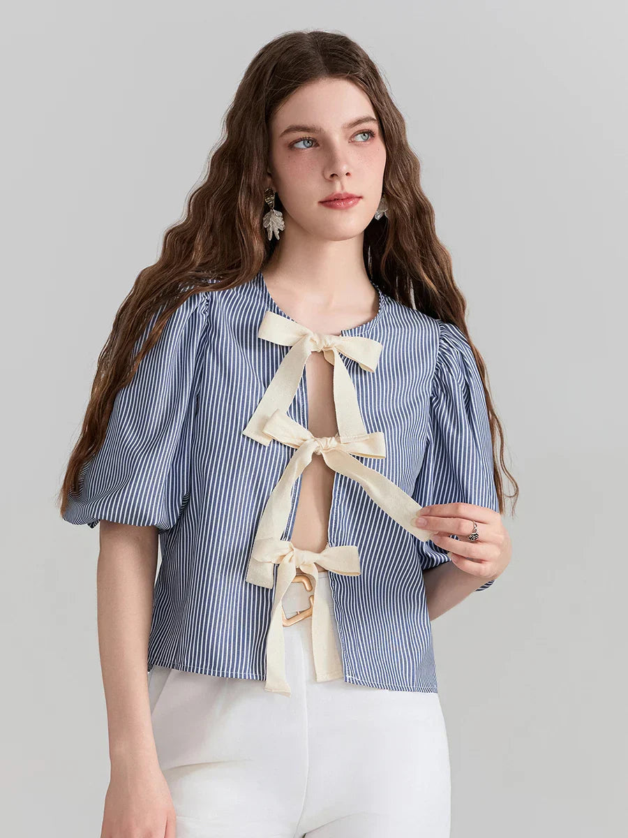 Pydshop Y2k Women Short Puff Sleeve Shirts Striped Bow Tie Front Open Crop Tops Ruffle Cute Teen Girl Lace Up Blouse