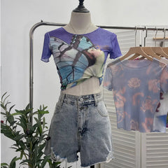 Pydshop Women's 2024 Retro Thin Mesh Butterfly Print Slim Short Sleeve T-Shirt Women's Summer Short Hot Girl Top Holiday Mini Summer Tee