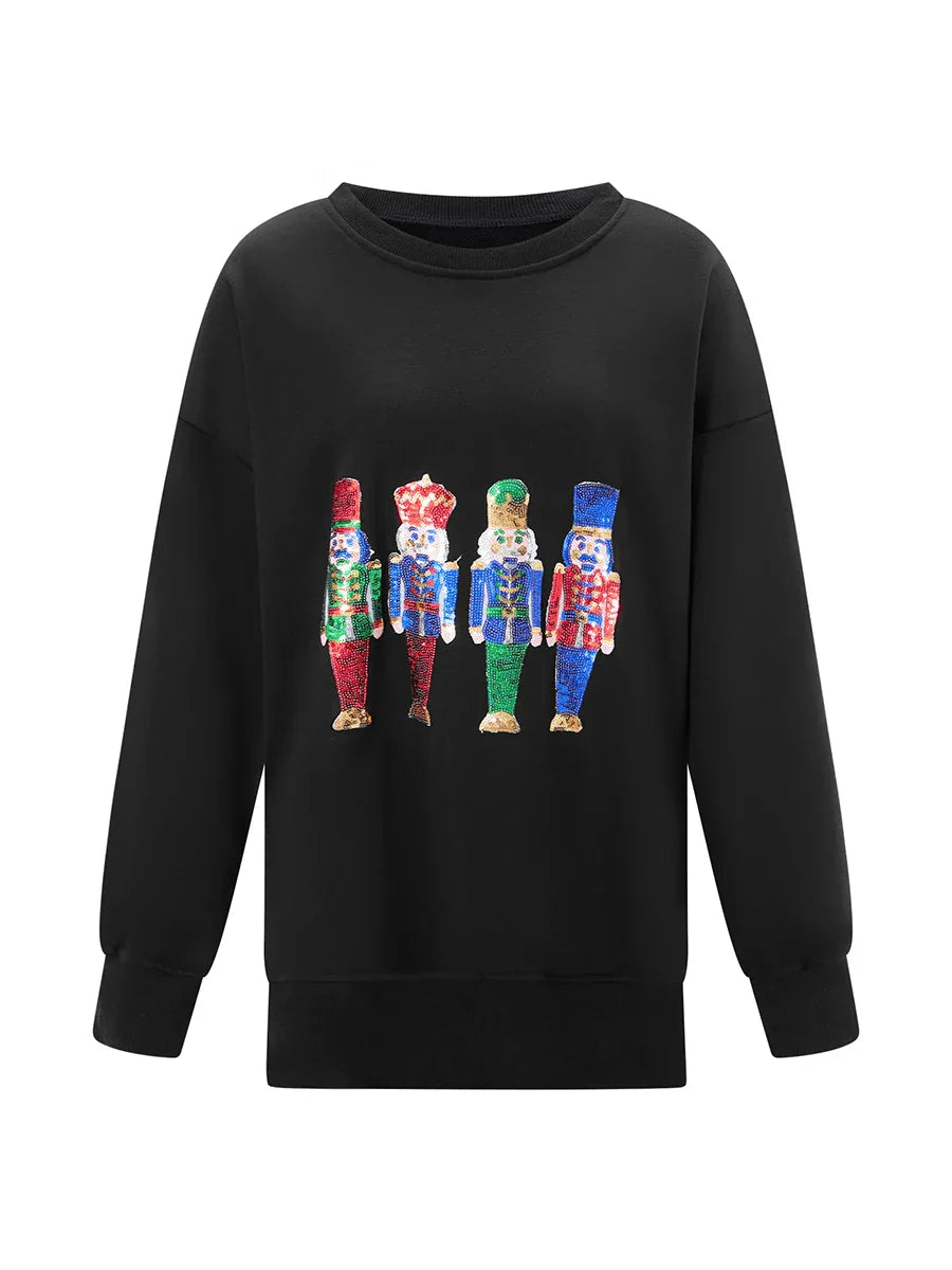 Pydshop Christmas Sequin Sweatshirt Funny Holiday Graphic Sweater Tops Print Crew Neck Long Sleeve Sweatshirts Women Party Clubwear