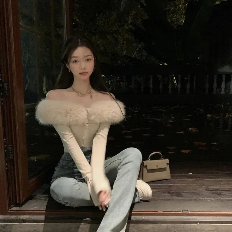 Pydshop Sexy Off Shoulder Long Sleeve Tops Mujer Y2k Slim Fit Knitted T-shirt for Women 2024 Early Autumn New Detachable Tee Shirt