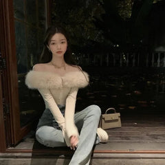 Pydshop Sexy Off Shoulder Long Sleeve Tops Mujer Y2k Slim Fit Knitted T-shirt for Women 2024 Early Autumn New Detachable Tee Shirt