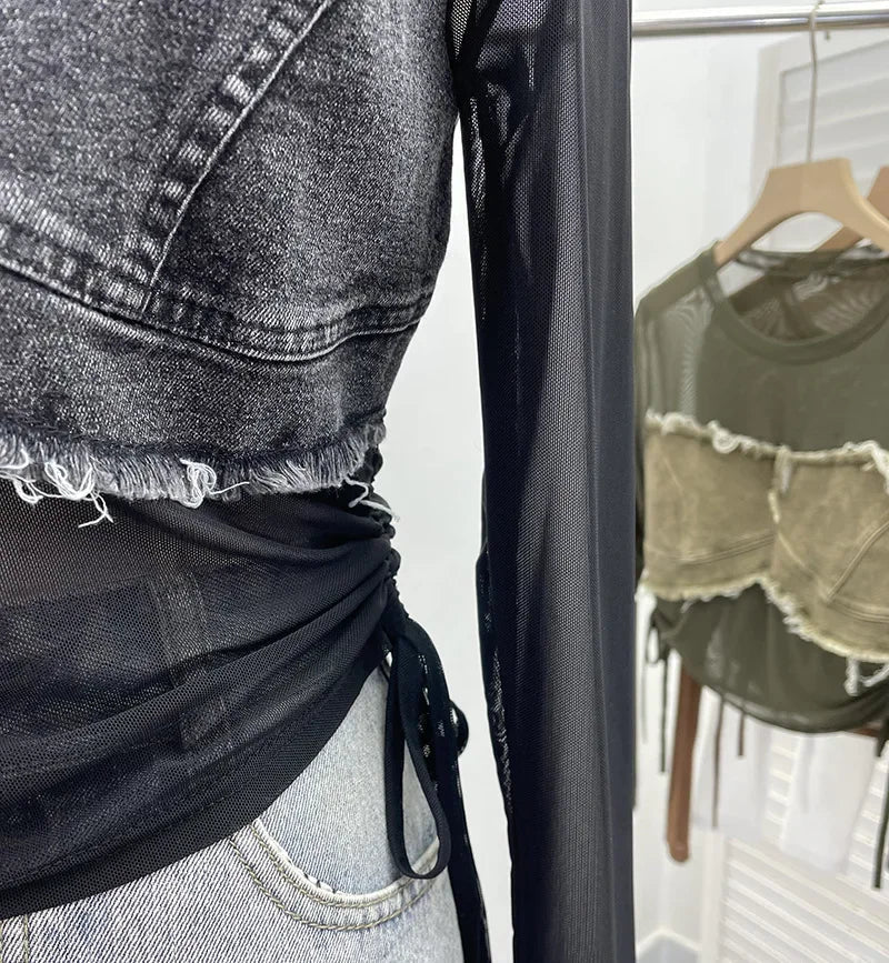 Pydshop Hot Girl American Retro Denim Mesh Patchwork Top Sexy See Through Drawstring Long Sleeve Short T-shirt Party Casual Streetwear
