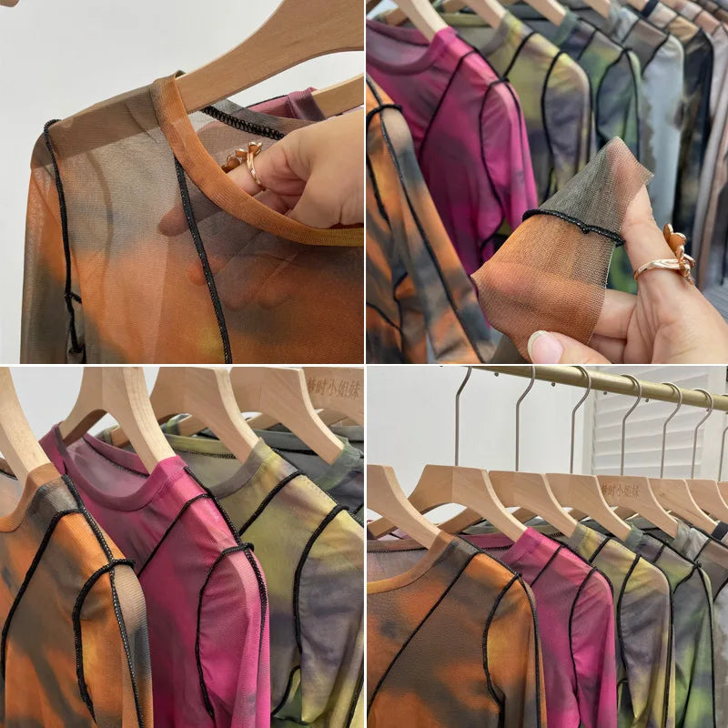 Pydshop Retro Smudged Print Sexy See Through Mesh Bottoming Shirt Slim Long Sleeved Top Y2K T-shirt Party Leisure Essential Streetwear