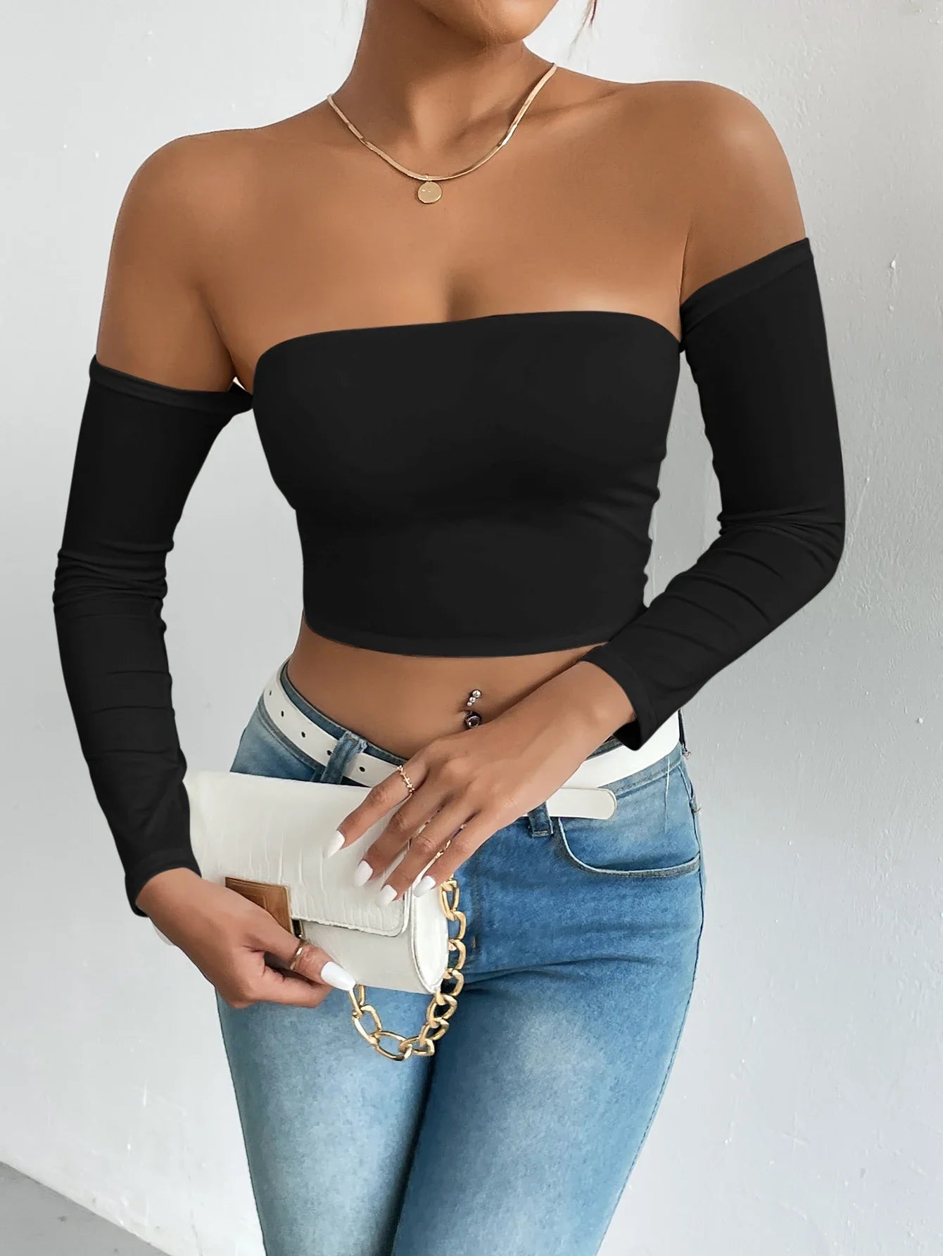 Pydshop Off Shoulder Crop T-Shirt, Casual Long Sleeve Top For Spring & Fall, Women's Clothing