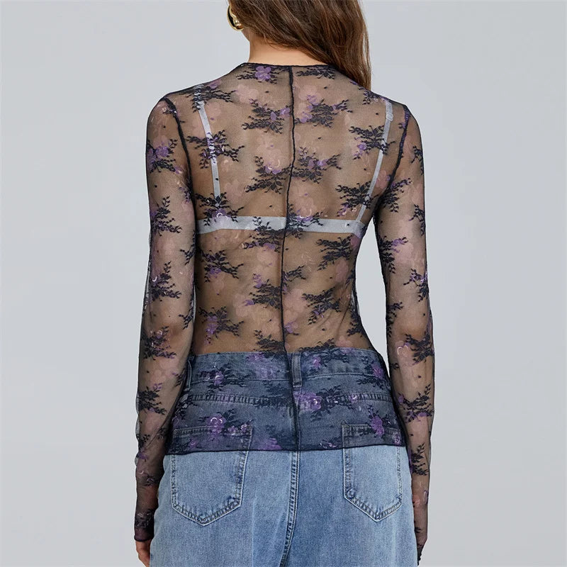 Pydshop Chic Sheer Tops for Women Long Sleeve Mock Neck Lace Mesh Top Sexy See Through Floral Tee Shirt Layering Blouse Y2k Streetwear