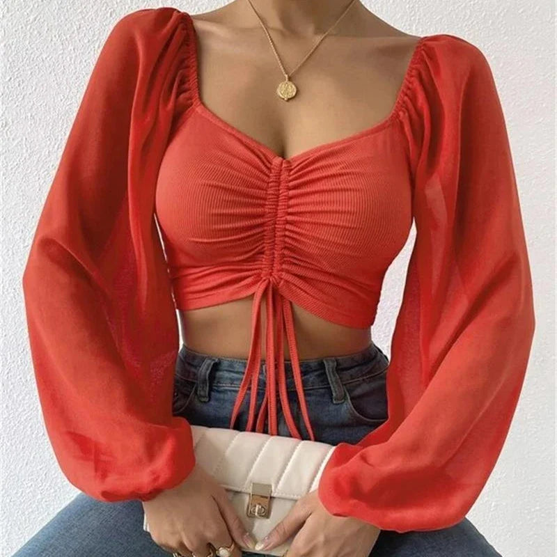 Pydshop Horetong Women's Sexy V-neck Off-Shoulder Blouses Summer Drawstring Bandage Long Sleeve Tops Ladies Korean Fashion Short Clothes