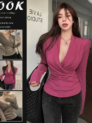 Pydshop Cross V-neck Pleated Bottom T-shirt For Women's Spring New Slim Fit And Slimming Temperament Long Sleeve Shirt Women Top 339Q