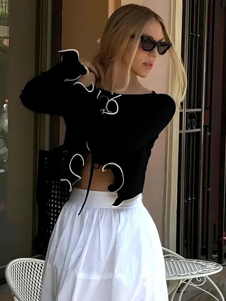 Pydshop Elegant Lace Up Cardigan Women's Navel Cut Out Sexy Long Sleeve Ruffled Short Hot Girl Slim Fit Outwear Top Fall Fashion
