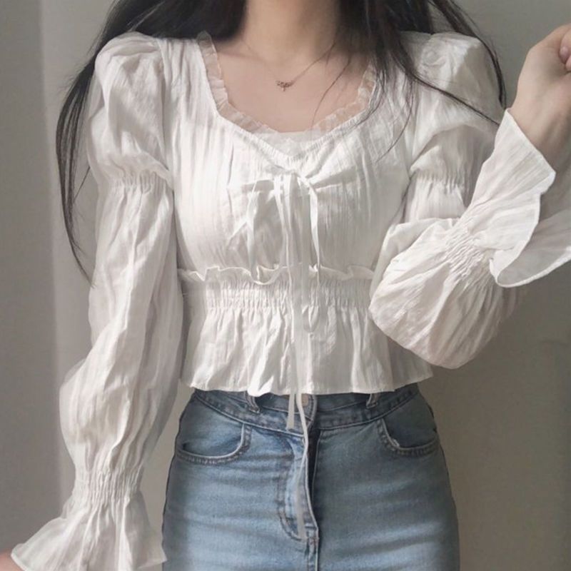 Pydshop French Style Chiffon Blouse Women Spring Summer Puff Sleeve Lace Up Ruffles Shirts Elegant Korean Fashion Preppy Style Sweet Top