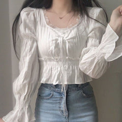 Pydshop French Style Chiffon Blouse Women Spring Summer Puff Sleeve Lace Up Ruffles Shirts Elegant Korean Fashion Preppy Style Sweet Top