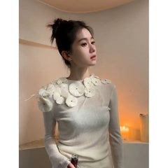 Pydshop New Chinese Style O-neck Flower Beading Tops Women Spring  Slim Fit White Pullovers Y2k E-Girl Long Sleeve Sweater Mujer