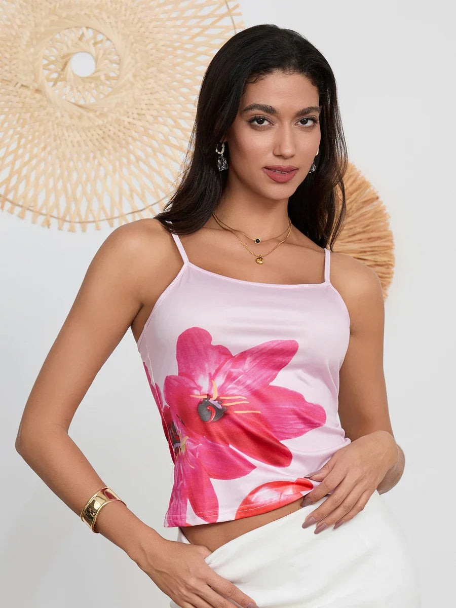 Pydshop Y2k Vintage Women's Summer Cami Tops Sleeveless Low Cut Flower Print Fitted Vest for Party