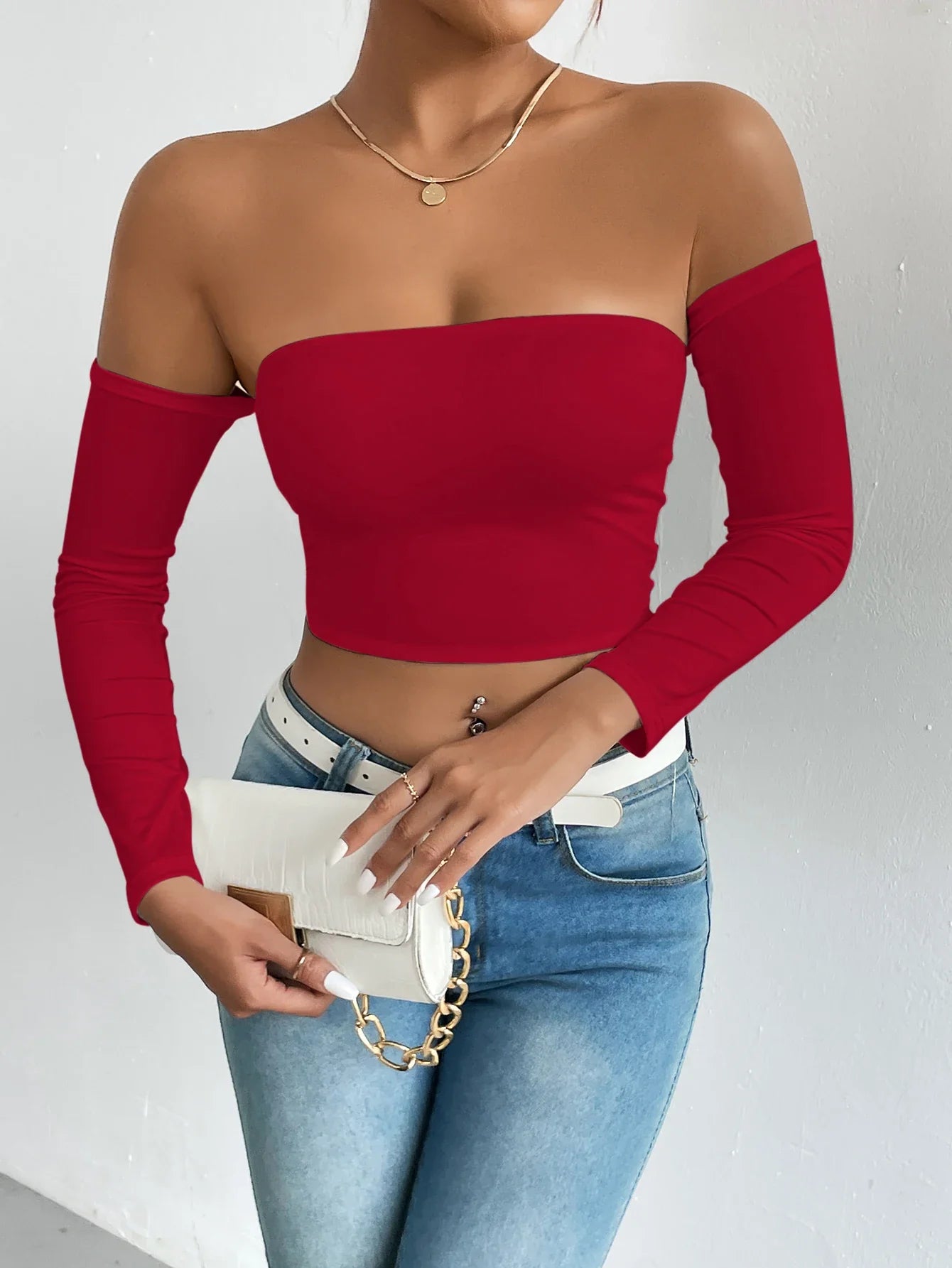 Pydshop Off Shoulder Crop T-Shirt, Casual Long Sleeve Top For Spring & Fall, Women's Clothing