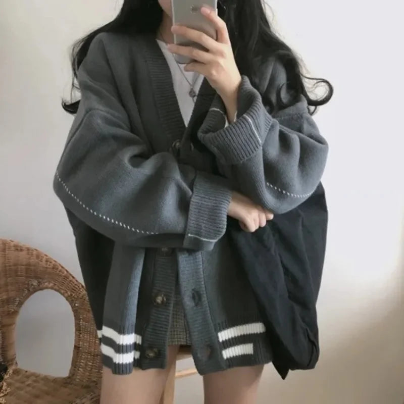 Pydshop Knitted Cardigan Sweaters Women Preppy Style School Warm Tops Knitwear 2024 Autumn Korean Fashion Kpop Patchwork