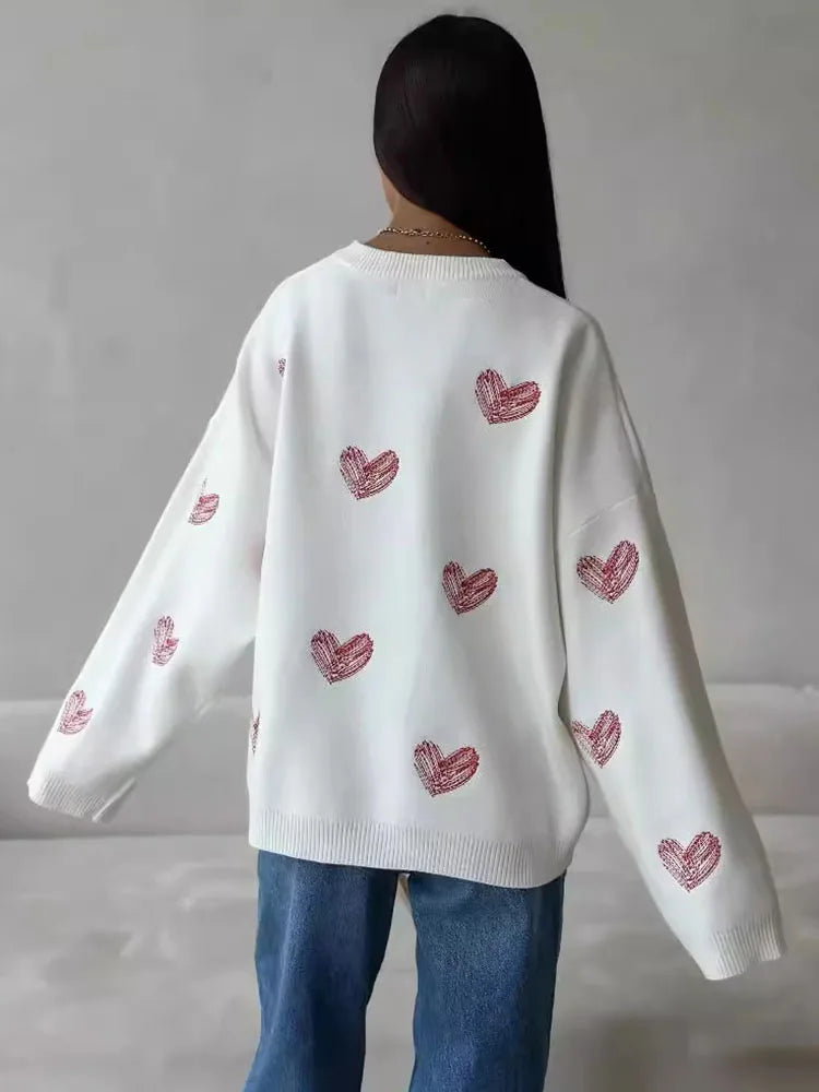 Pydshop Casual Heart Print Sweater Pullovers For Women Long Sleeve O Neck Fashion Loose Kniited Top Autumn Winter 2024 Streetwear
