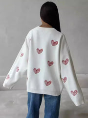 Pydshop Casual Heart Print Sweater Pullovers For Women Long Sleeve O Neck Fashion Loose Kniited Top Autumn Winter 2024 Streetwear