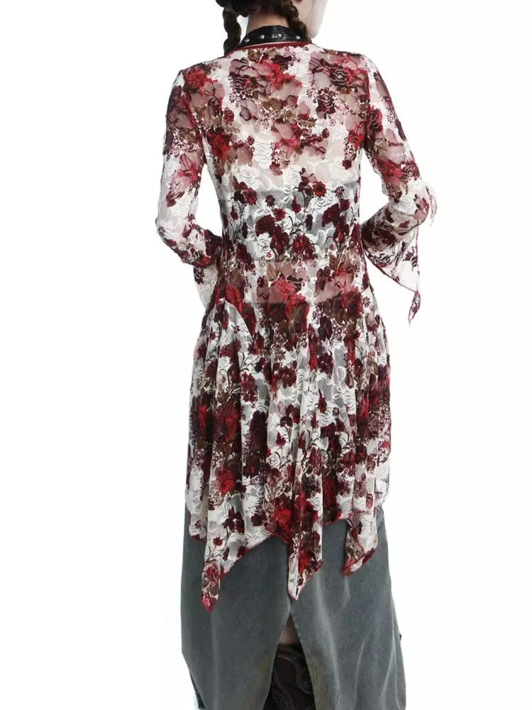 Pydshop Vintage Gothic Flower Tie Dye Lace Shirts Women Y2k Sexy V-neck Slim Fit  Up Blouses 2024  New Long Sleeve Cardigan Tops