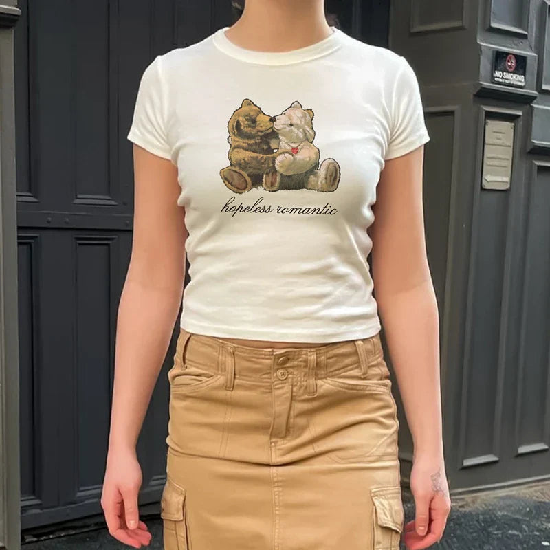 Pydshop Kawaii Sweet Cute Print Crop Tops Korean Aesthetic 00s Retro Baby Tees Chic Short Sleeve Slim T-shirt Women Y2K Vintage Clothes