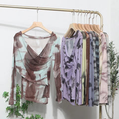 Pydshop Women's Sexy Irregular Cross V-Neck Long Sleeve Top Sexy Tie Dye Print Pleated Mesh Off Shoulder Top Casual Party Streetwear