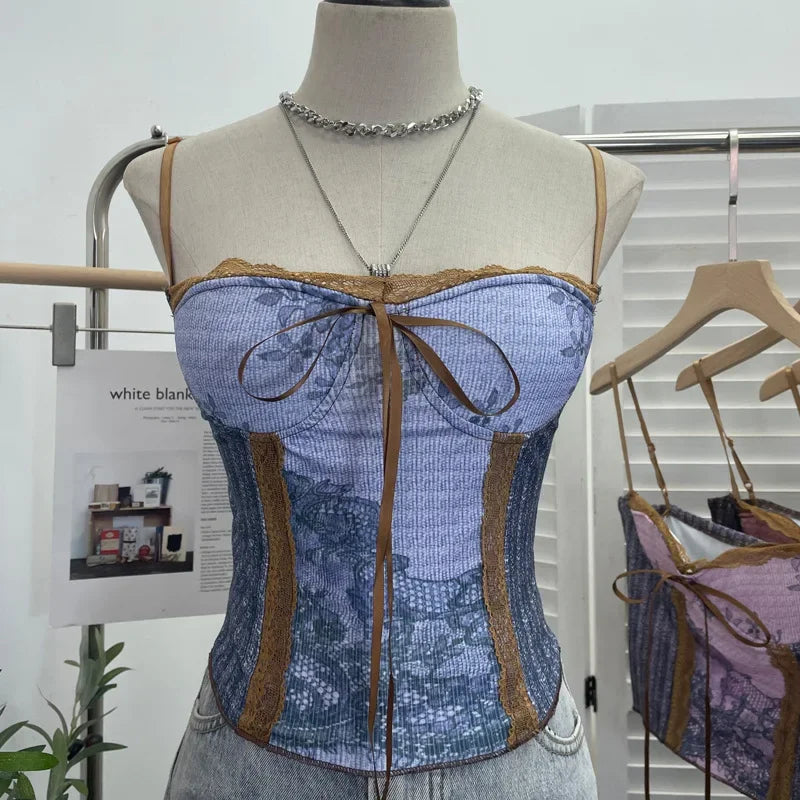 Pydshop Women Retro Ink Painting Adjustable Spaghetti Straps Camisole Bandeau Top With Padded Breasts Slim Fit Tube Top Party Streetwear