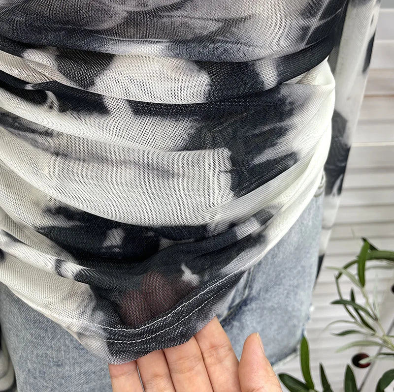 Pydshop Retro Tie Dye Pleated One Shoulder Long Sleeved T-shirt For Women Summer Sexy See Through Mesh Irregular Top y2k PartyClub Wear
