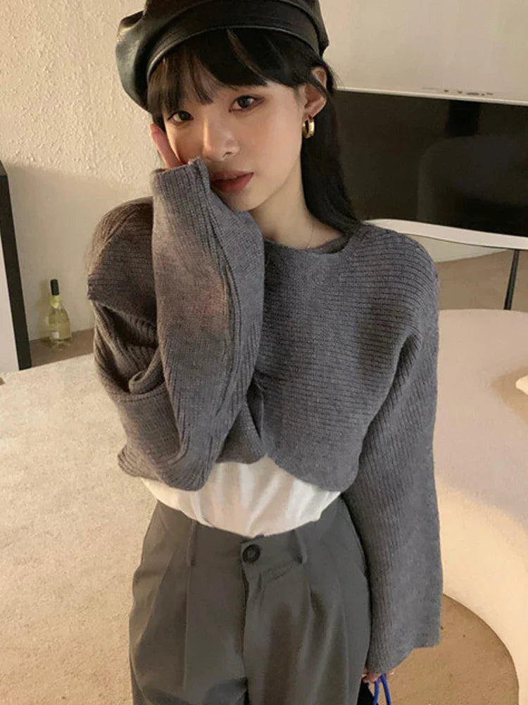 Pydshop 2024 Short Women's Pullovers Sweaters Autumn Winter Streetwear Knitted Sweater Long Sleeve Cross Irregular Solid Y2K Tops Sexy