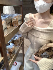 Pydshop  Korean Gray Off Shoulder Knit Sweater Women Old Money Style Long Sleeve Jerseys Y2K Gyaru Slash Neck Basic Jumper Tops