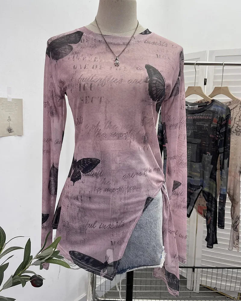 Pydshop Women's Retro Tie Dye Printed Mesh Bottoming Long Sleeve Top Sexy See-through Irregular Strappy Short T-Shirt Party Streetwear