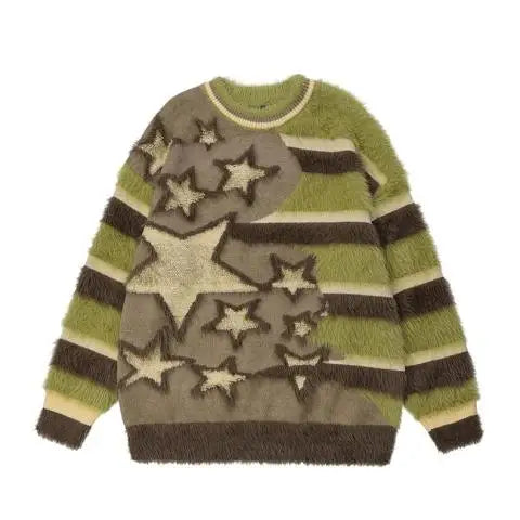Pydshop  -  Star Design Sweater Stripe BF Casual Wool Knitwear Long Sleeved Casual Top Y2k Clothes Pullover Oversize Women Winter Clothes