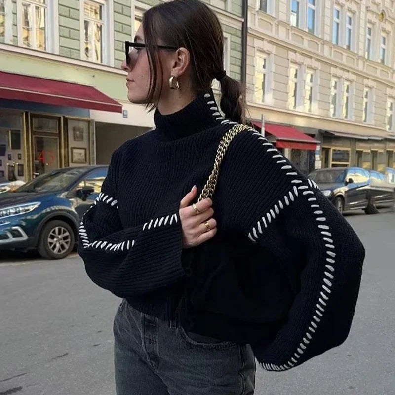 Pydshop Contrast Patchwork Topstitch Sweater Female Pullovers 2024 Autumn Round Collar Warm Knitted Top Chic Long Sleeve Loose