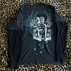 Pydshop Fairy Grunge Wing Skull Graphic T-Shirts Women Y2k Gothic Long Sleeve Tee Top Vintage Aesthetic Emo Clothes 2000s Streetwear