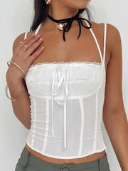 Pydshop Y2k Harajuku Crop Camisole Women's Clothig Slim Lace Trim Tie-Up Halter Neck Backless Spaghetti Strap Tops Summer Korean Tees