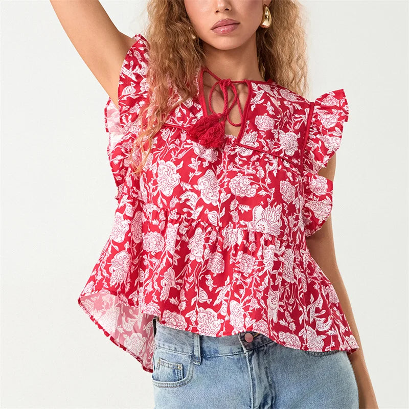 Pydshop Women Boho Tie Front Peplum Top Stripe Floral Print Flowy Fringe Sleeve Ruffle Crop Top Babydoll Blouse Tee Shirt Party Clubwear