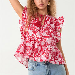Pydshop Women Boho Tie Front Peplum Top Stripe Floral Print Flowy Fringe Sleeve Ruffle Crop Top Babydoll Blouse Tee Shirt Party Clubwear
